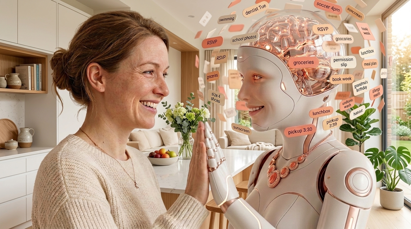Human mum and AI mum connecting — MaestroMum carries the mental load